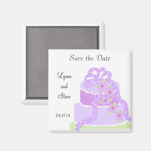 Aimant Purple Ribbon Mariage gâteau Enregistrer la date (Recto/Verso)