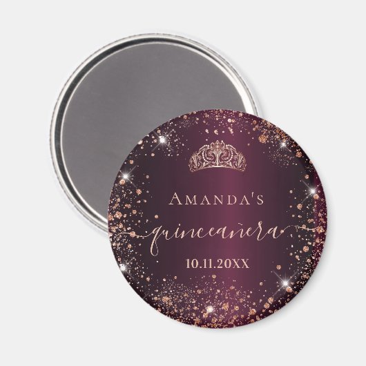 Aimant Quinceanera Bourgogne rose or tiara nom script (Recto/Verso)