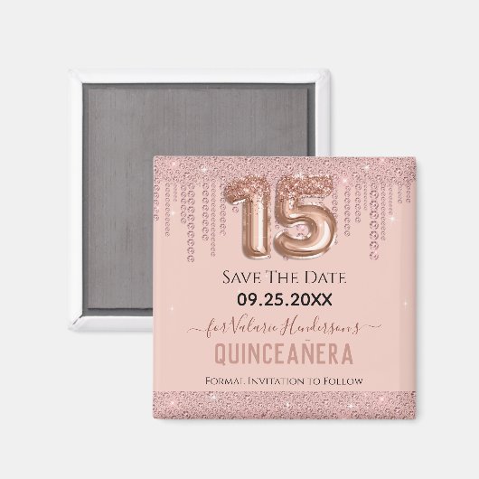 Aimant Quinceanera en diamant rose vif Enregistrer la dat (Recto/Verso)