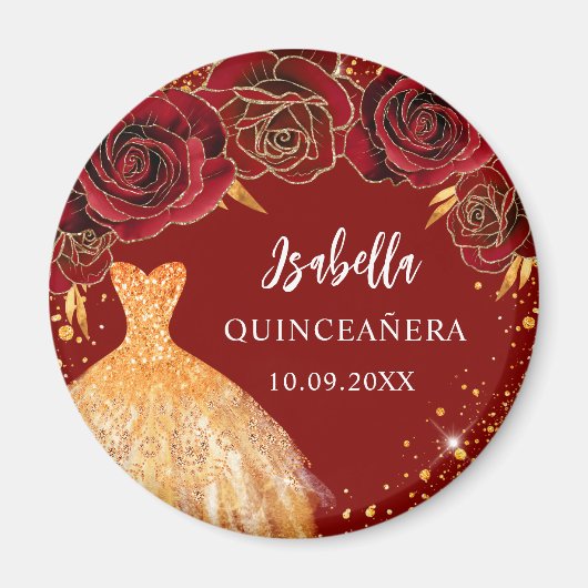 Aimant Quinceanera rouge or parties scintillant nom robe (Devant)