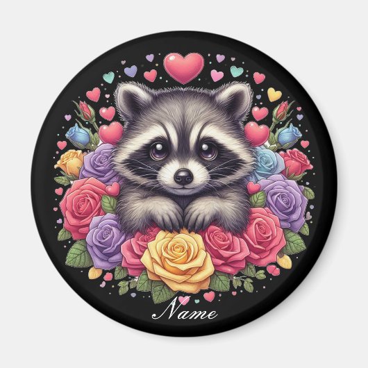 Aimant Raccoon mignon avec Fleurs et Coeurs colorés (Devant)