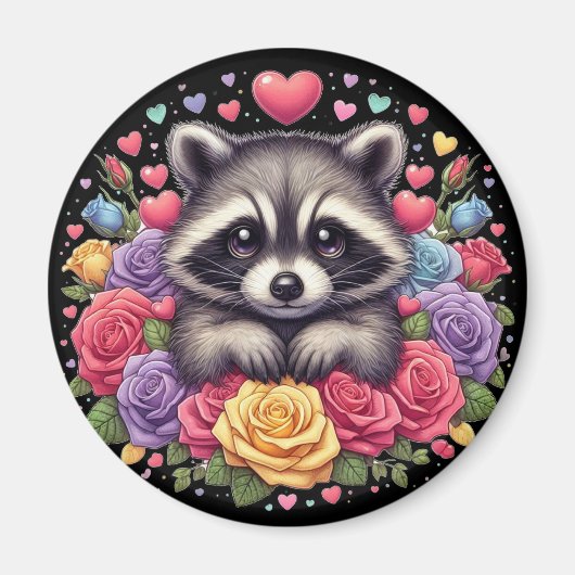 Aimant Raccoon mignon avec Fleurs et Coeurs colorés (Devant)