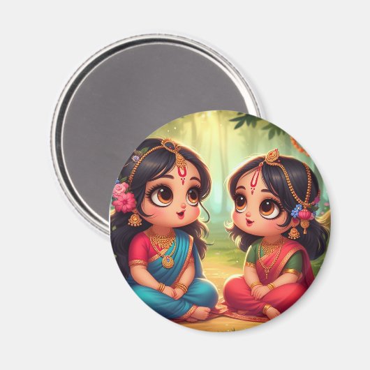 Aimant Radha Rani souriant mignon avec un ami (Recto/Verso)