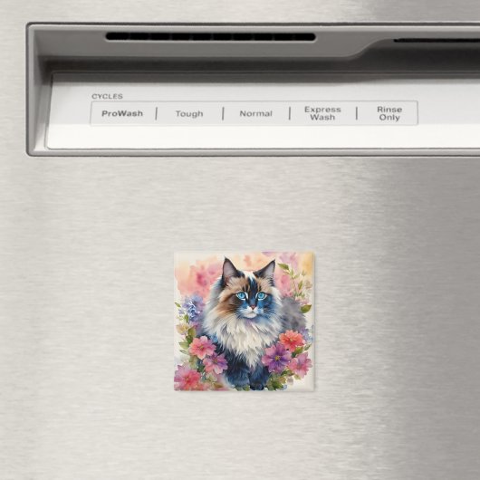 Aimant Ragdoll Chat Floral Art (In Situ (Lave-vaisselle))