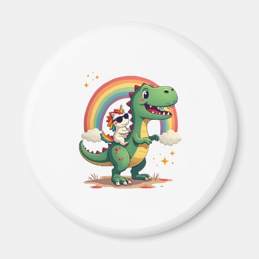 Aimant Rainbow Unicorn Riding T rex - Dinosaur Boys Girls (Devant)
