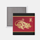 Aimant Rat chinois doré sur noir et rouge (Recto/Verso)