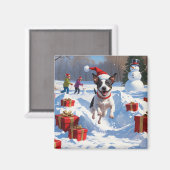 Aimant Rat Terrier Courir en neige avec Casquette de Noël (Recto/Verso)