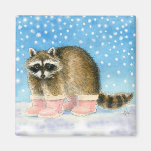 Aimant Raton laveur mignon dans les bottes roses de neige