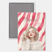 Aimant Rayures rouges de bonbon blond fille (Recto/Verso)