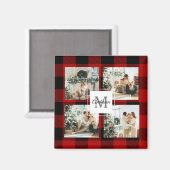 Aimant Red Buffalo Plaid & Collage Photo Avec Initiale (Recto/Verso)