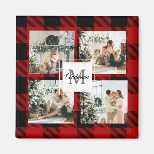 Aimant Red Buffalo Plaid & Collage Photo Avec Initiale (Devant)