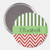 Aimant Red Zigzag, Chevron, Green Stripes, Votre Nom (Recto/Verso)