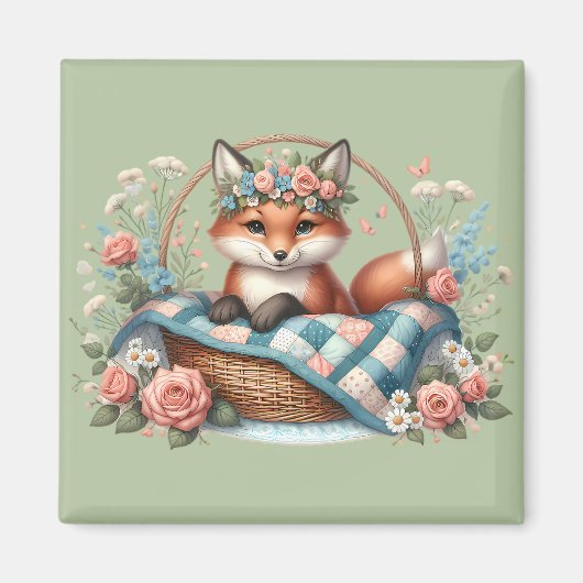 Aimant Renard floral en panier avec courtepointe et fleur (Devant)