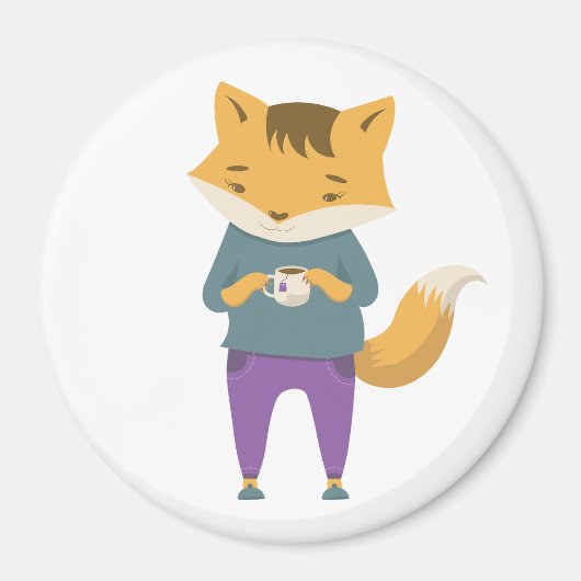 Aimant Renard mignon avec tasse de thé (Devant)