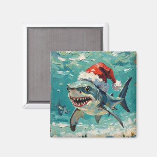 Aimant Requin vintage avec chapeau de Père Noël Art de No