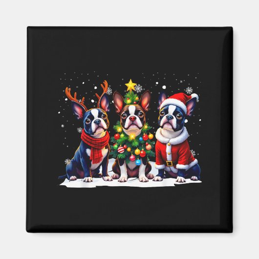 Aimant Retro Christmas Boston Terrier Santa Reindeer Dog (Devant)