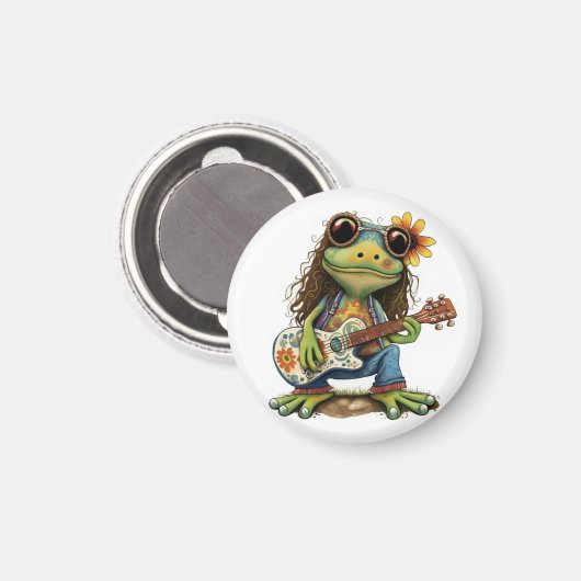 Aimant Retro Funny Hippie Frog Porter du verre Jouer Pian (Recto/Verso)