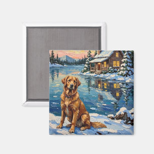 Aimant Rétro Golden Retriever au Noël au bord du lac