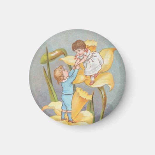 Aimant Rétro Mignon Douce Saint-Valentin, enfants et jonq (Devant)
