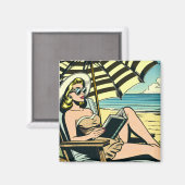 Aimant Retro Pop Art Lady sur la plage (Recto/Verso)