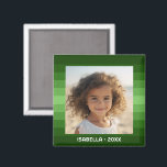 Aimant Retro Stripes - Christmas Green - Simple Photo<br><div class="desc">Tons de motif à bandes vertes avec une zone de texte simple pour un nom et une date. Ajoutez votre selfie favori ou votre instantané de famille. Utilisez une photo pour créer ce cadeau photo unique et personnel. L'arrière - plan comprend un motif rétro à rayures avec une mise à...</div>