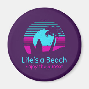 Aimant Retro Sunset Surfboard Palm Tree Life's a Beach