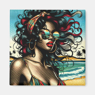 Aimant Retro Woman on Beach Comédie Style Pop Art