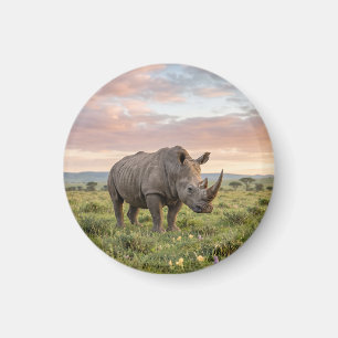 Aimant Rhinocéros Solitaire Dans La Savane Au Coucher Du