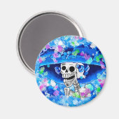 Aimant Rire Skeleton Woman dans Blue Bonnet sur Blue (Recto/Verso)