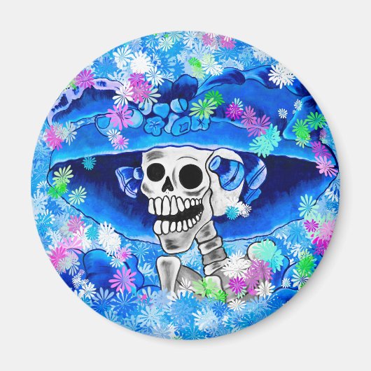 Aimant Rire Skeleton Woman dans Blue Bonnet sur Blue (Devant)