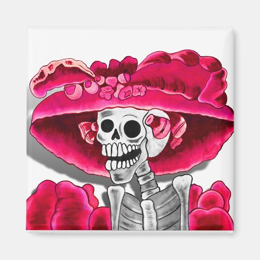 Aimant Rire Skeleton Woman dans Red Bonnet (Devant)