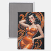 Aimant Robe orange Brunette Pin Up (Recto/Verso)
