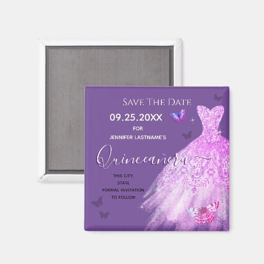 Aimant Robe violette Quinceanera Enregistrer la date Ma (Recto/Verso)