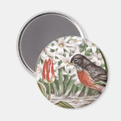 Aimant Robin et Tulipes rouges Fleurs de printemps Peintu (Recto/Verso)