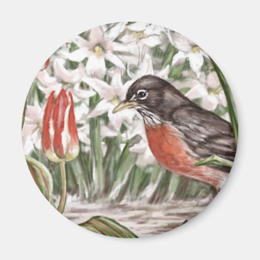 Aimant Robin et Tulipes rouges Fleurs de printemps Peintu (Devant)