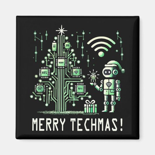 Aimant Robot IA avec arbre de Noël Tech - Joyeux Techmas (Devant)