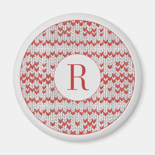 Aimant rond tricot nordique ROUGE + Initiale (Devant)