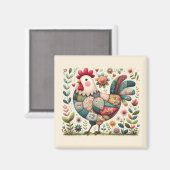 Aimant Rooster de Patchwork Folk aux accents floraux (Recto/Verso)