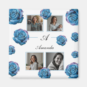 Aimant Rose bleu moderne Monogramme Photo Collage Personn