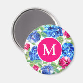 Aimant Rose Clair et Bleu Floral Joliment Monogrammé (Recto/Verso)
