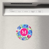 Aimant Rose Clair et Bleu Floral Joliment Monogrammé (In Situ (Lave-vaisselle))