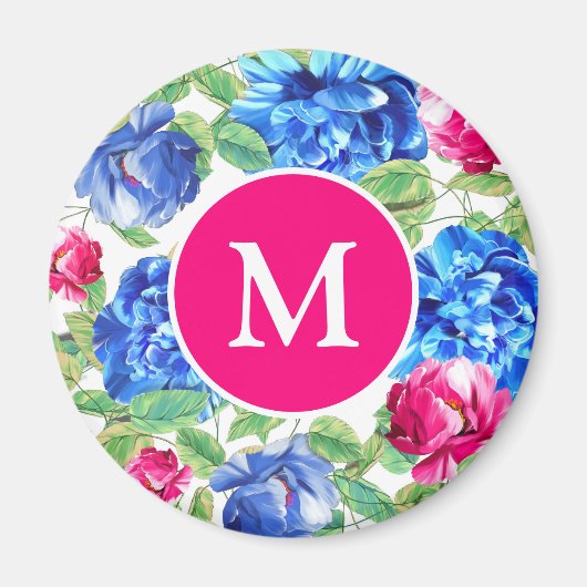 Aimant Rose Clair et Bleu Floral Joliment Monogrammé (Devant)