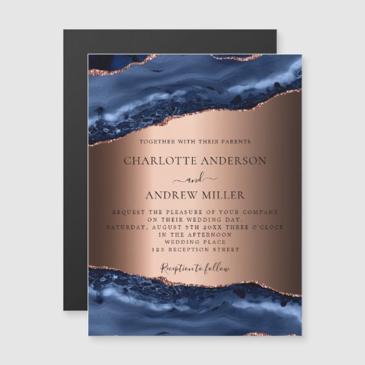 Aimant rose or bleu agate faire-part de mariage (Devant / Derrière)