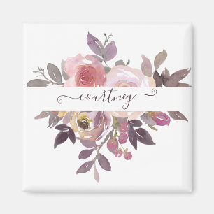 Aimant Rose pastel et floral personnalisé violet