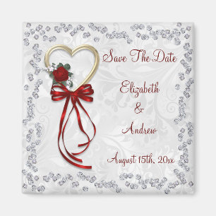 Aimant Rose Romantique, Diamants et Ruban Rouge Enregistr