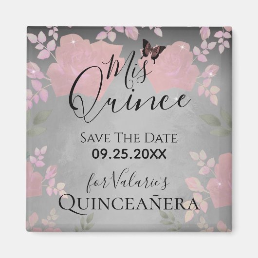 Aimant Rose Rose chic Quinceanera rose Enregistrer la dat (Devant)