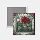 Aimant Rose rouge avec bordure de vigne 2 Aspect vitrail (Recto/Verso)