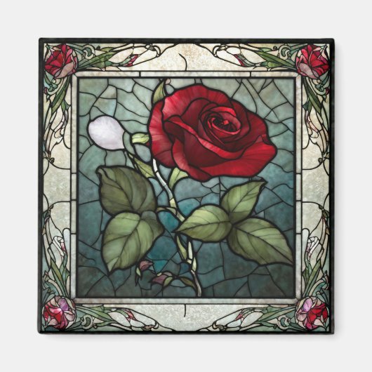 Aimant Rose rouge avec bordure de vigne 2 Aspect vitrail (Devant)