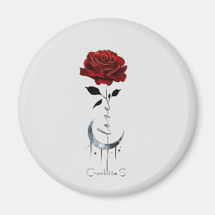 Aimant Rose rouge de style tatouage et lune de croissant
