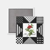 Aimant Rose rouge géométrique noire et blanche avec nom (Recto/Verso)